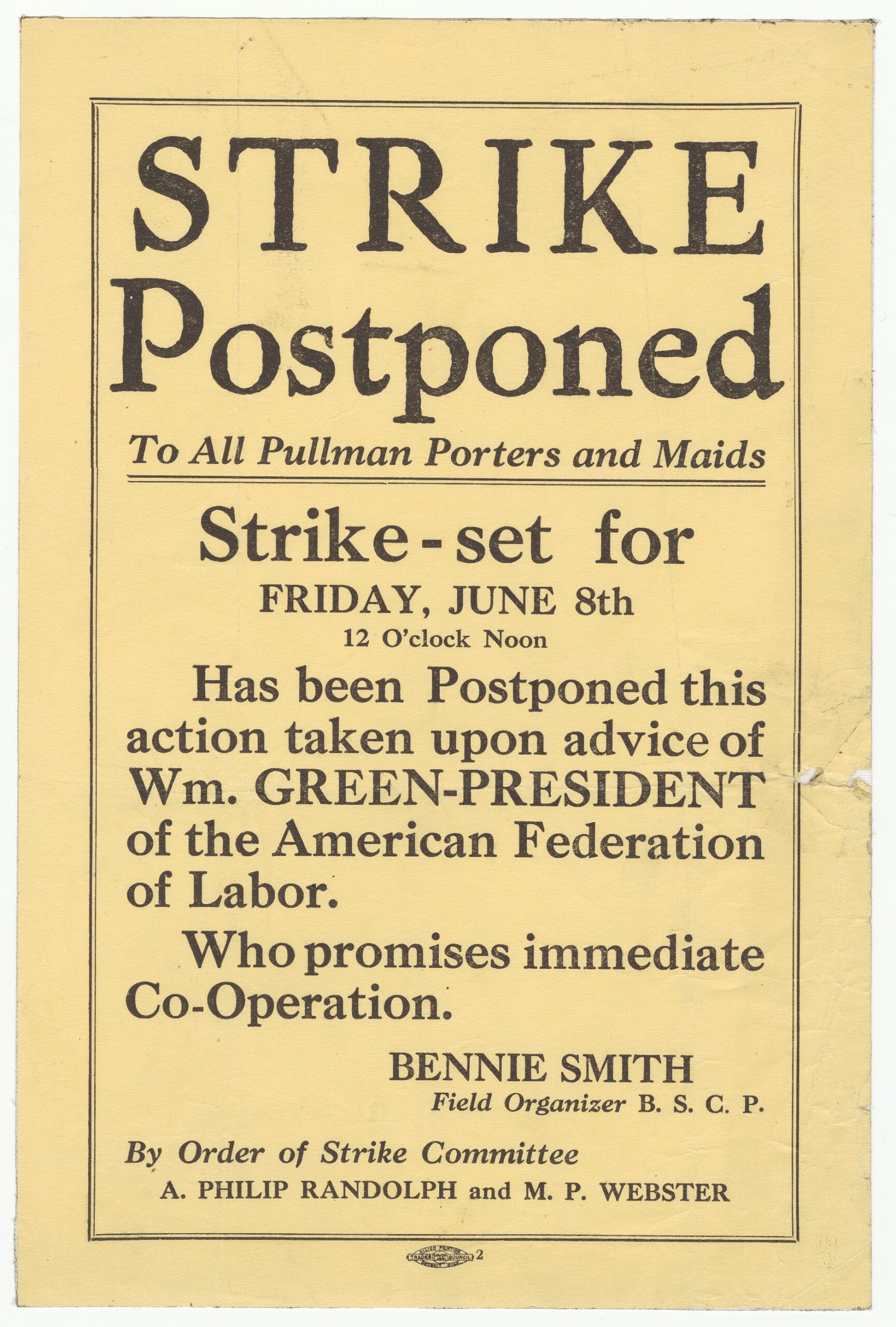 Broadside announcing the postponement of a Pullman porter strike.