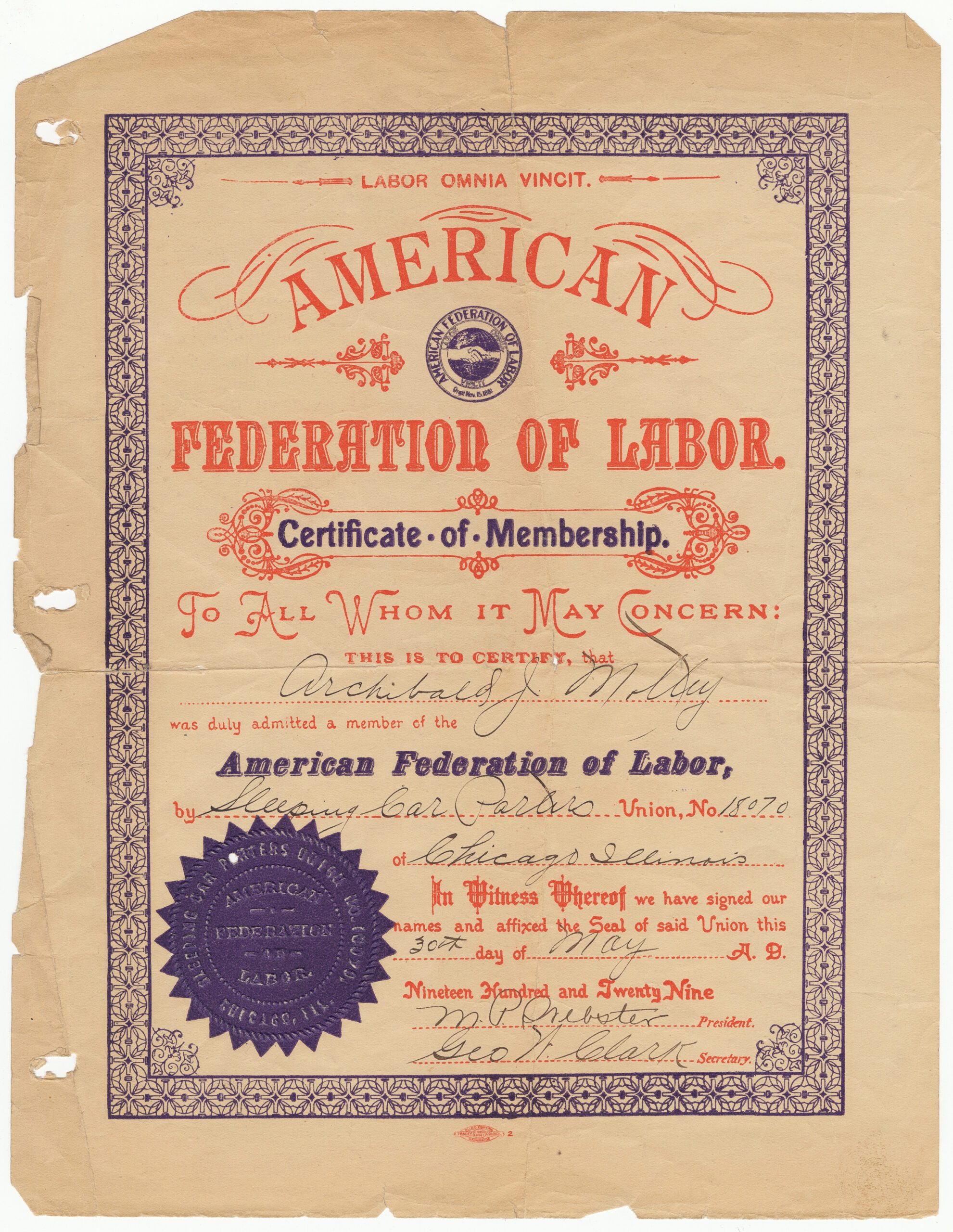 Certificate of membership in the American Federation of Labor through the Sleeping Car Porters for Archibald Motley