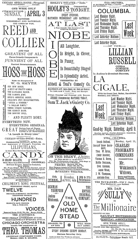 Section of theater advertisements from the 1892 Chicago Tribune
