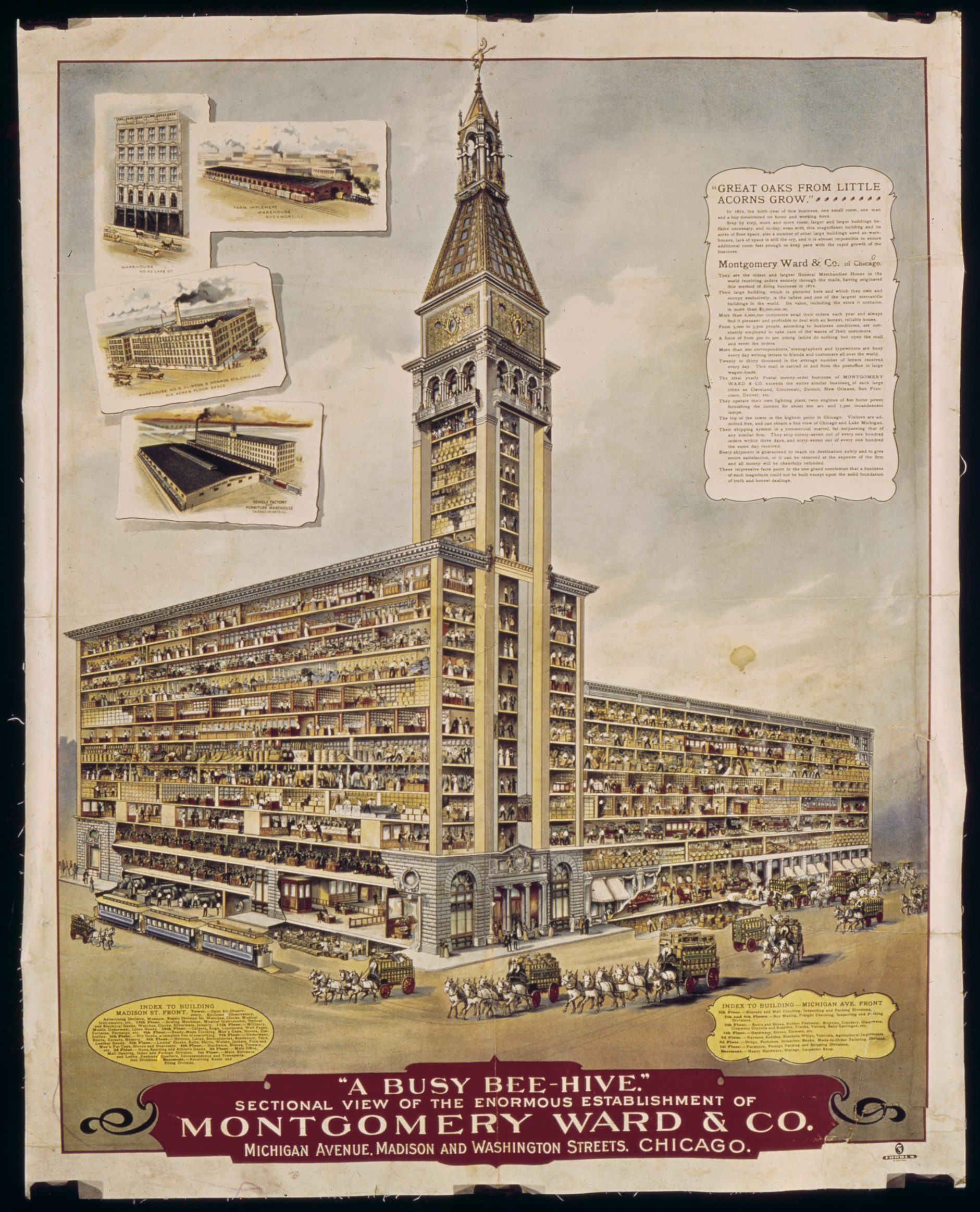 Advertisement broadside of Montgomery Ward &amp; Co. located at Michigan Avenue. Madison and Washinton Streets. Chicago.