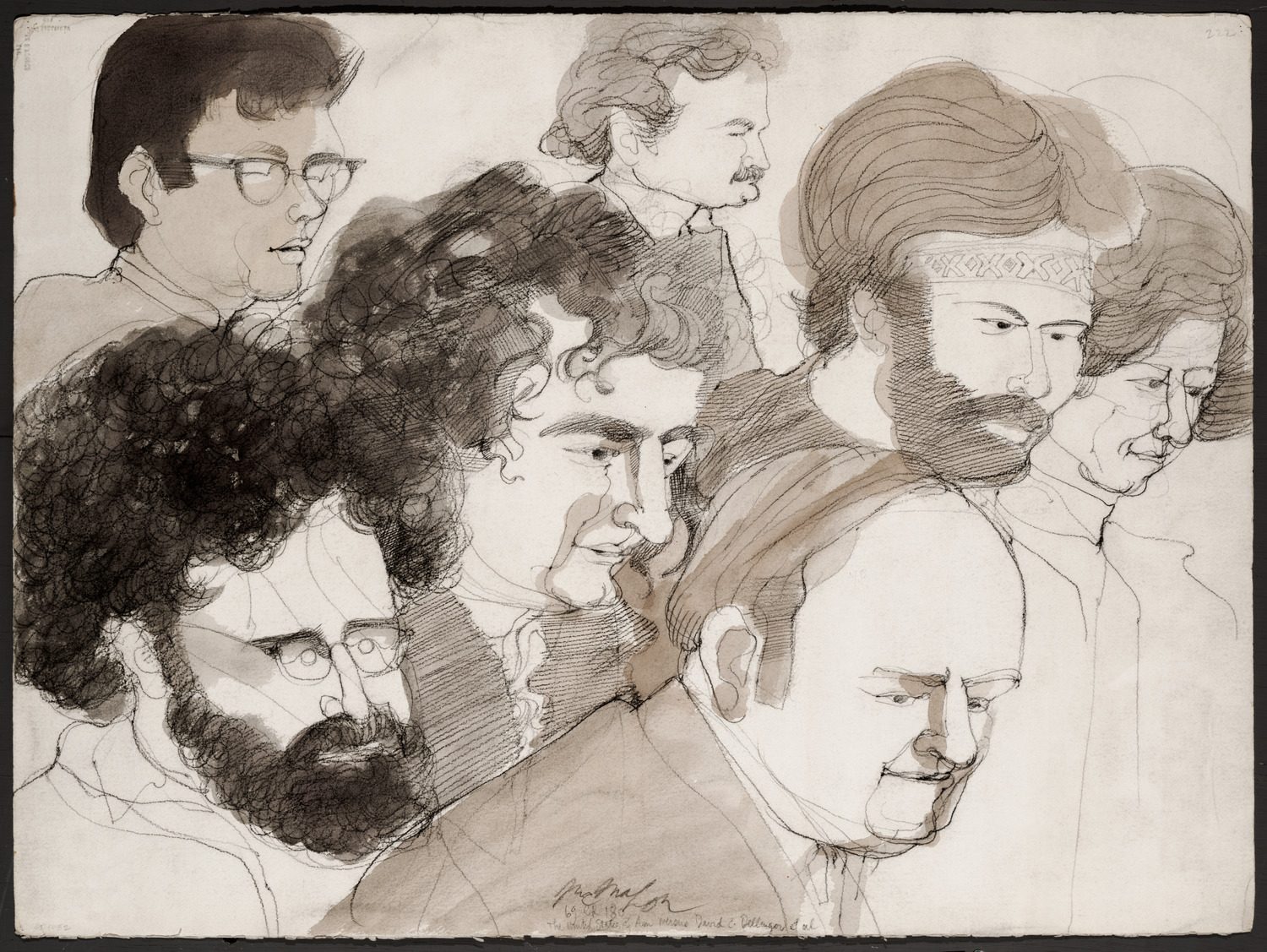 Illustrated profile view of all the Chicago Seven Trial defendants.