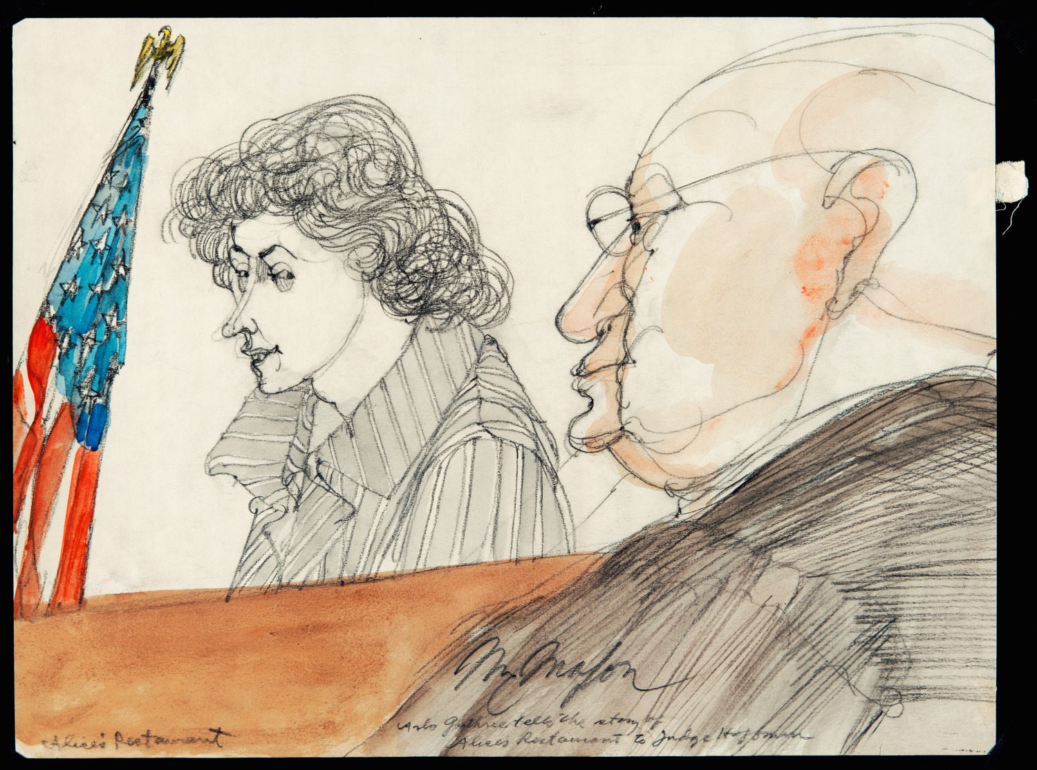 Arlo Guthrie telling story of Alice's Restaurant to Judge Julius Hoffman at Chicago Seven (Chicago Eight) Trial. Courtroom illustration by Franklin McMahon, graphite and watercolor on paper.