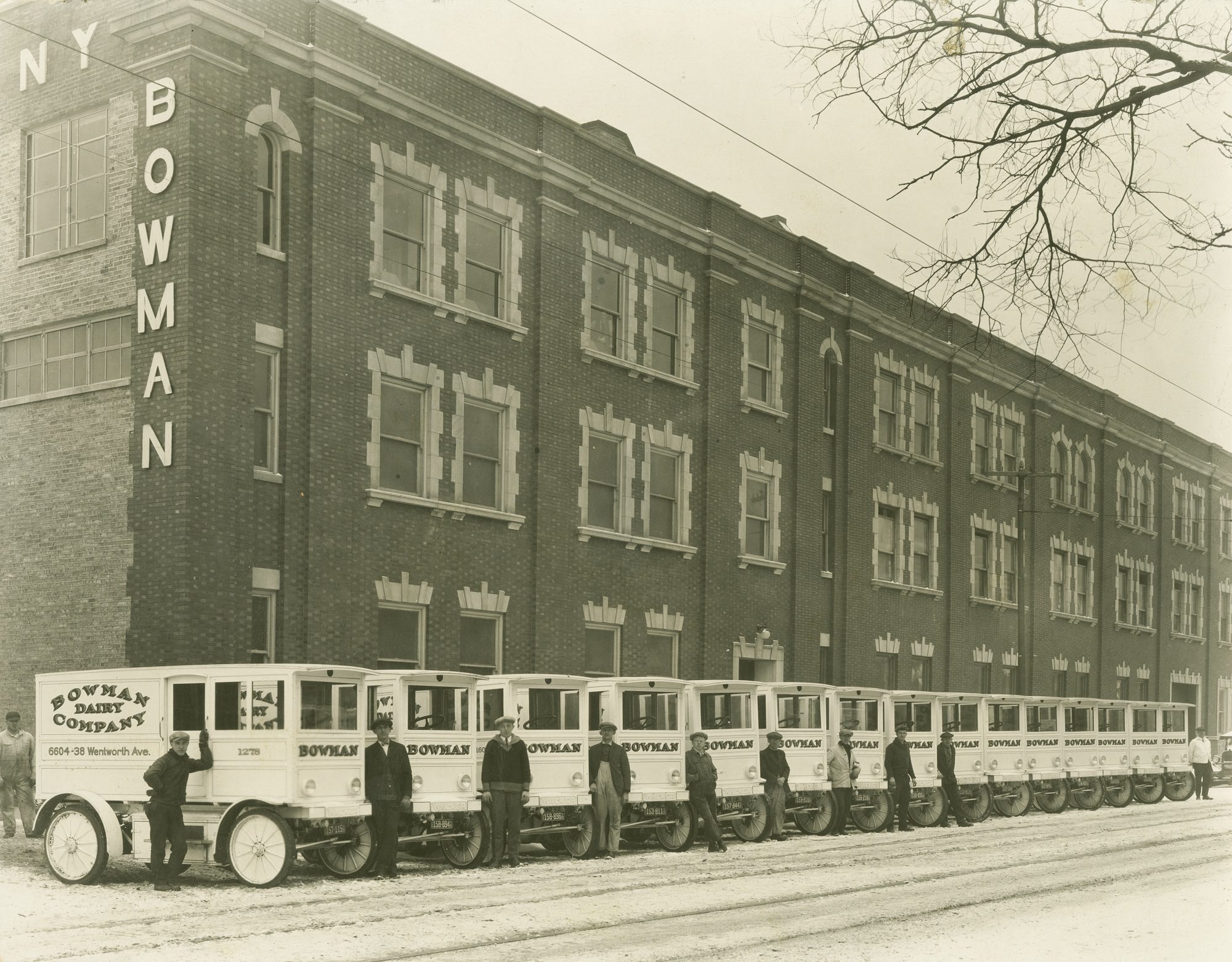 Line of Bowman Dairy trucks and drivers outside of a Bowman Dairy building, Chicago, Illinois, 1915.