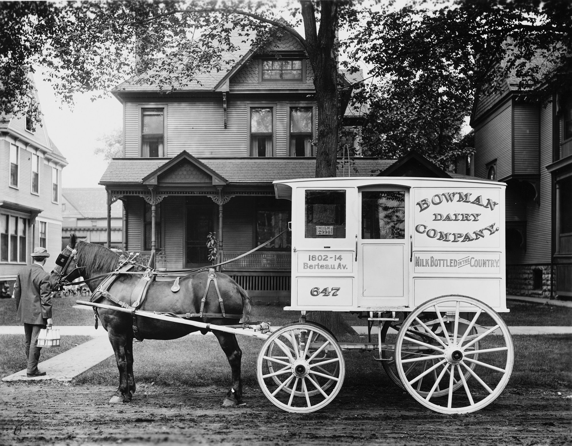 Milkman delivering milk for the Bowman Dairy Company using a horse-drawn milk delivery wagon on a residential street, Chicago, Illinois, 1914.