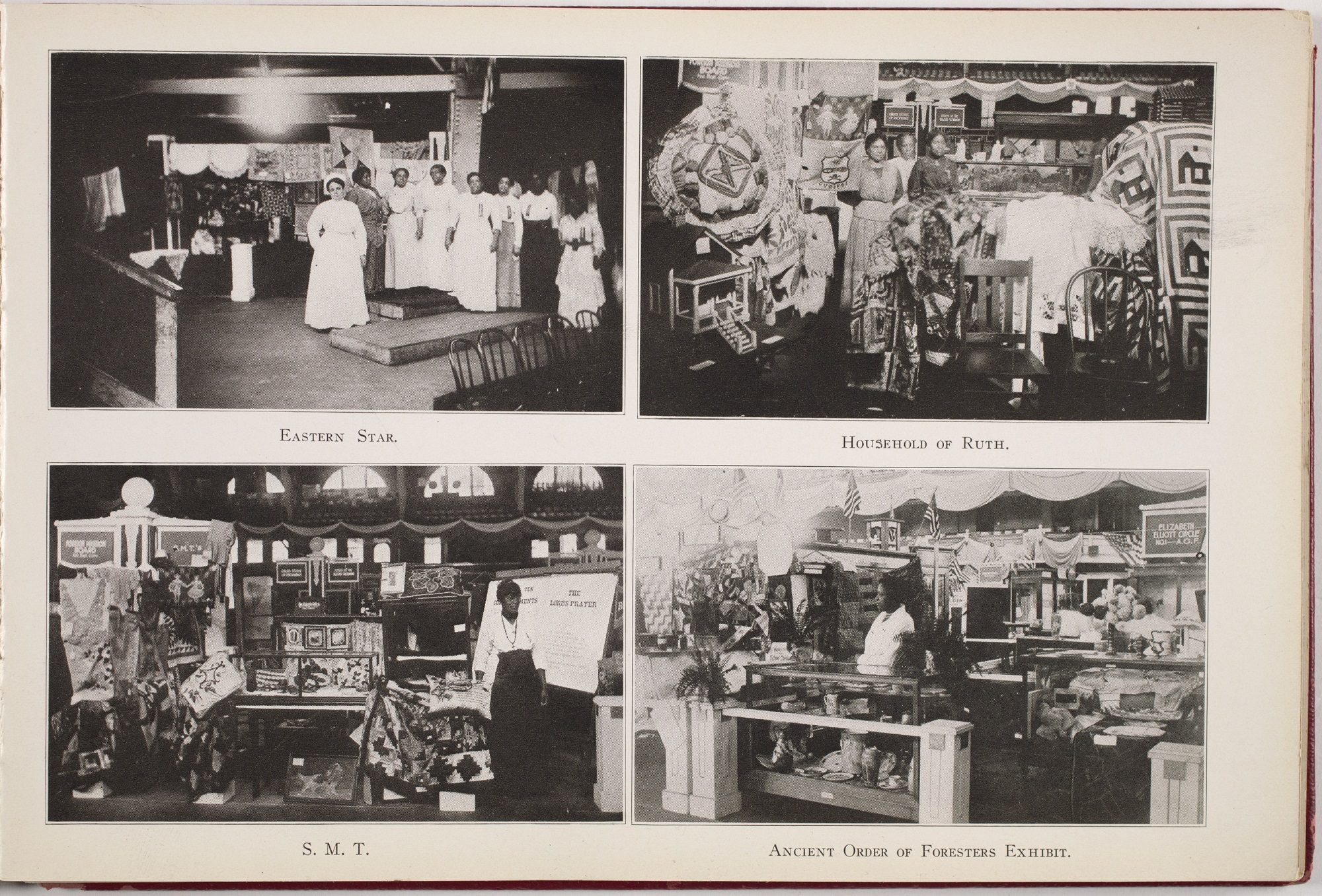 Page featuring photographs of the Eastern Star, Household of Ruth, S.M.T., and Ancient Order of Foresters Exhibit at the National Half Century Anniversary Exposition and The Lincoln Jubilee: 50th Anniversary Celebration to celebrate the 50th anniversary of the emancipation of enslaved African Americans in the United States, Coliseum, Chicago, Illinois, August 22-September 16, 1915. Published in the Lincoln jubilee album : 50th anniversary of our emancipation, compiled by John H. Ballard, 1915.