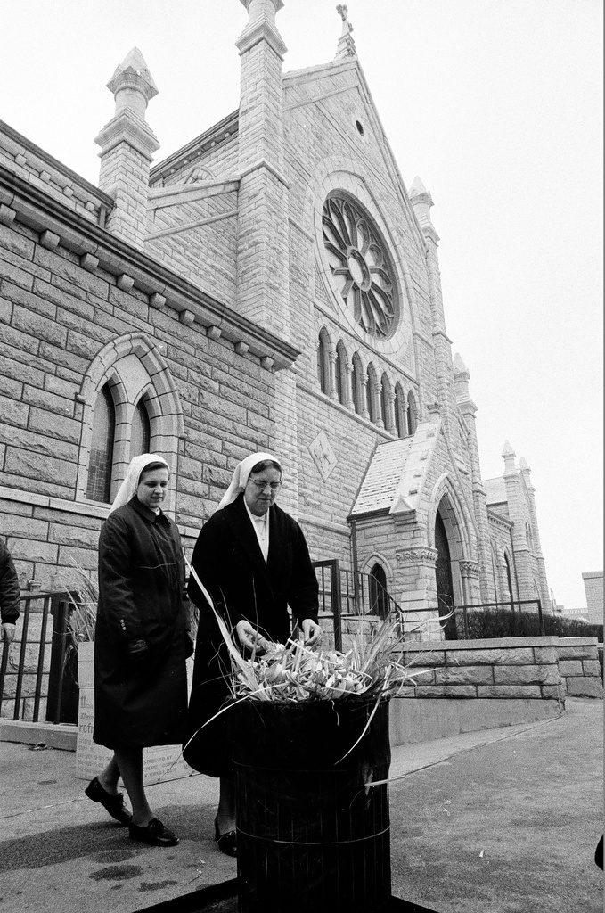 Nuns burning palms for Ash Wednesday in front of Holy Name Cathedral