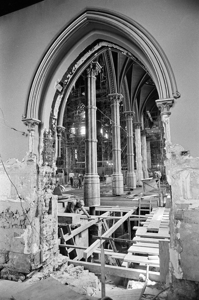 Construction work being done on Holy Name Cathedral, 730 North Wabash Avenue,