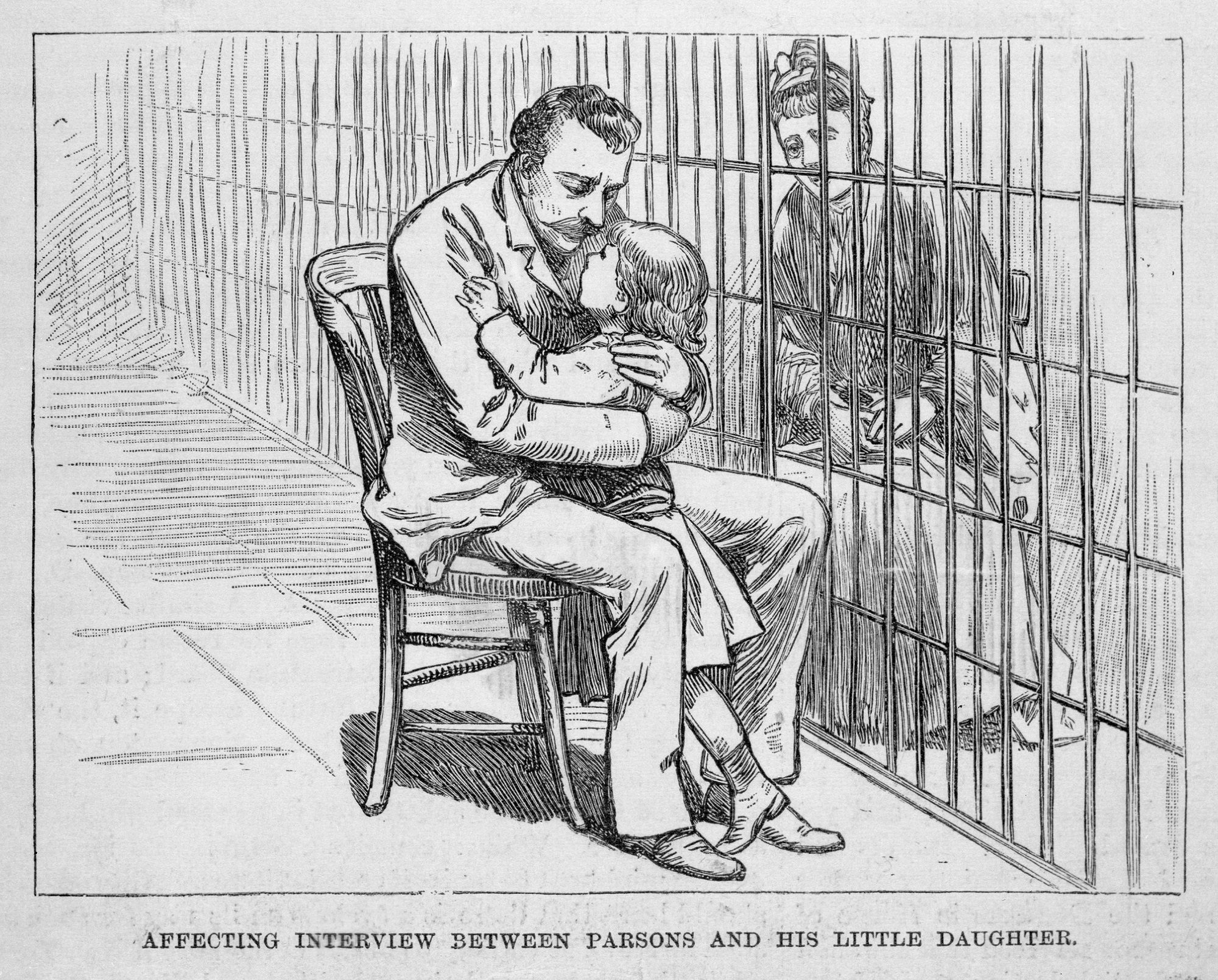 Sketch of Albert Parsons hugging daughter in jail after Haymarket Affair arrest, Chicago, Illinois, 1887. Caption reads Affecting interview between Parsons and his little daughter published in Frank Leslie's Illustrated Newspaper Nov. 12, 1887.