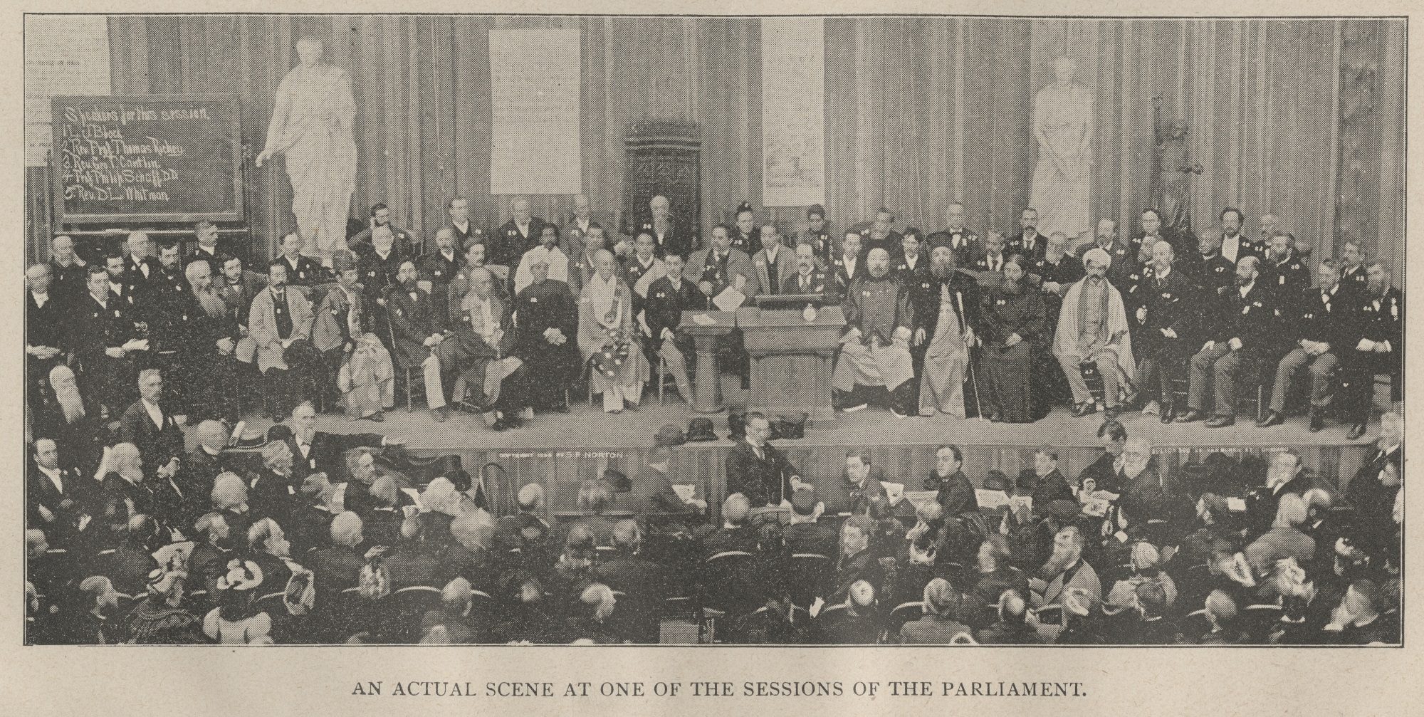 Group photo of scene at one of the sessions of the Parliament from the book The World's Parliament of Religions.