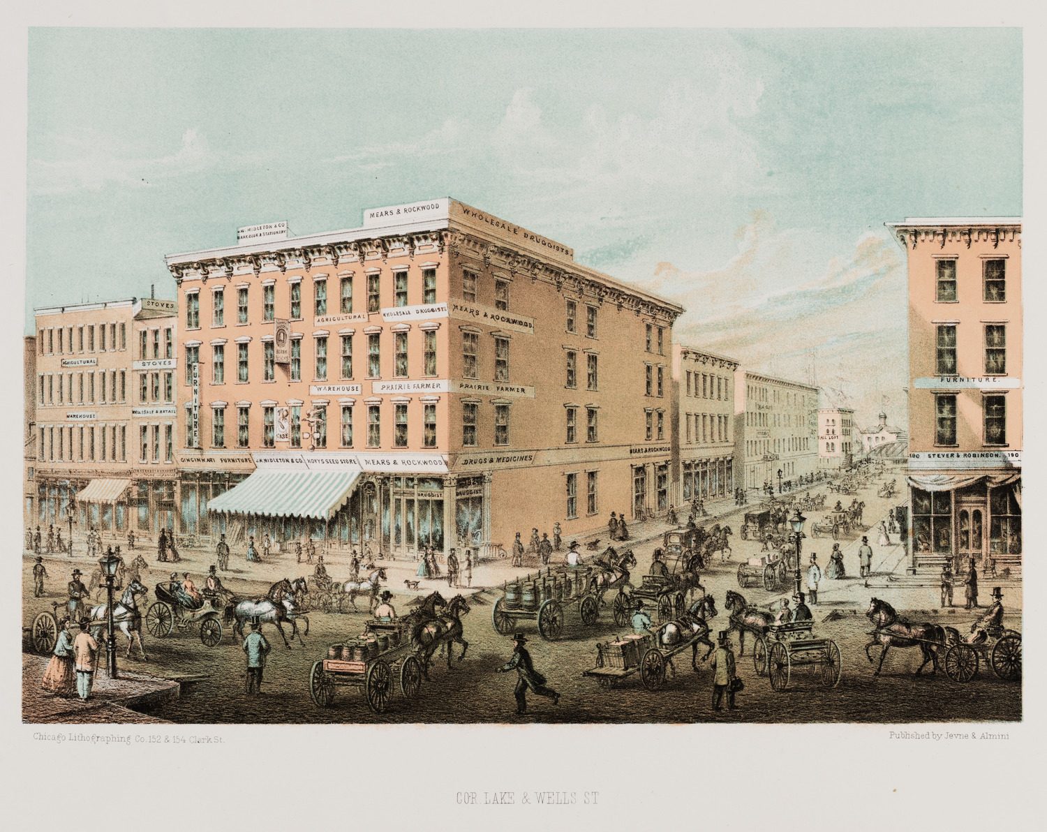 Lithograph depicting street scene at the corner of Lake and Wells Street, Chicago, Illinios, circa 1867. Lithograph by Jevne and Almini.