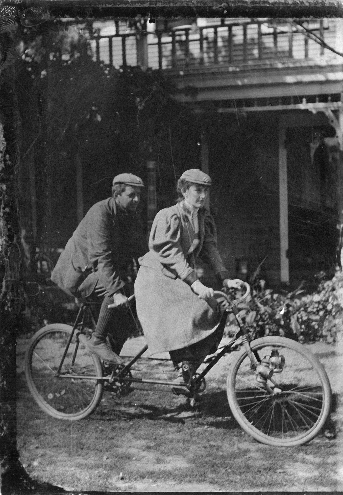 Mae Sawyer Stibgen riding a tandem bicycle with unidentified man on an outing with the Lincoln Cycling Camera Club, September 20, 1896.