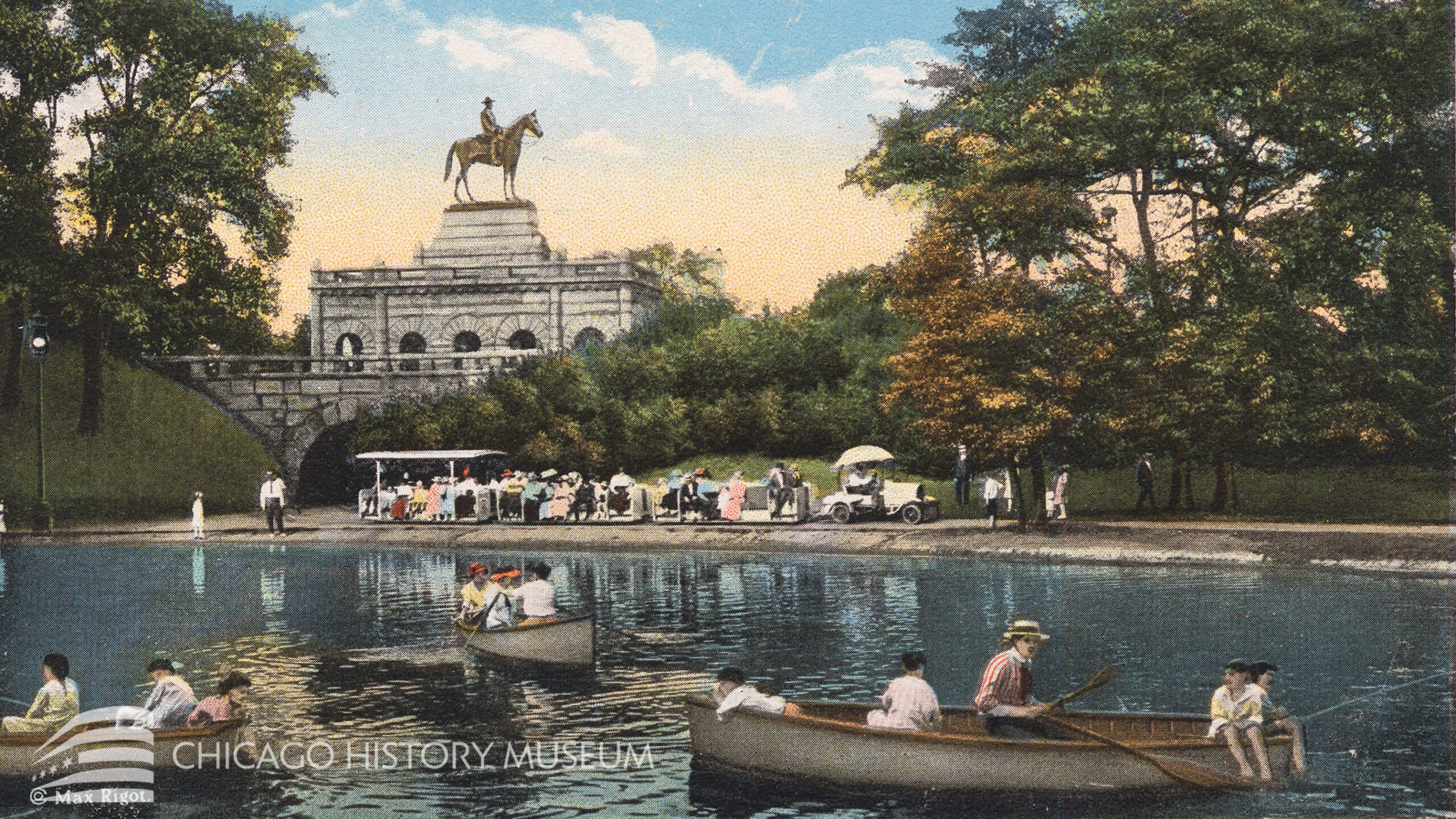 Color illustration of people in rowboats on a pond with trees and a monument in the background