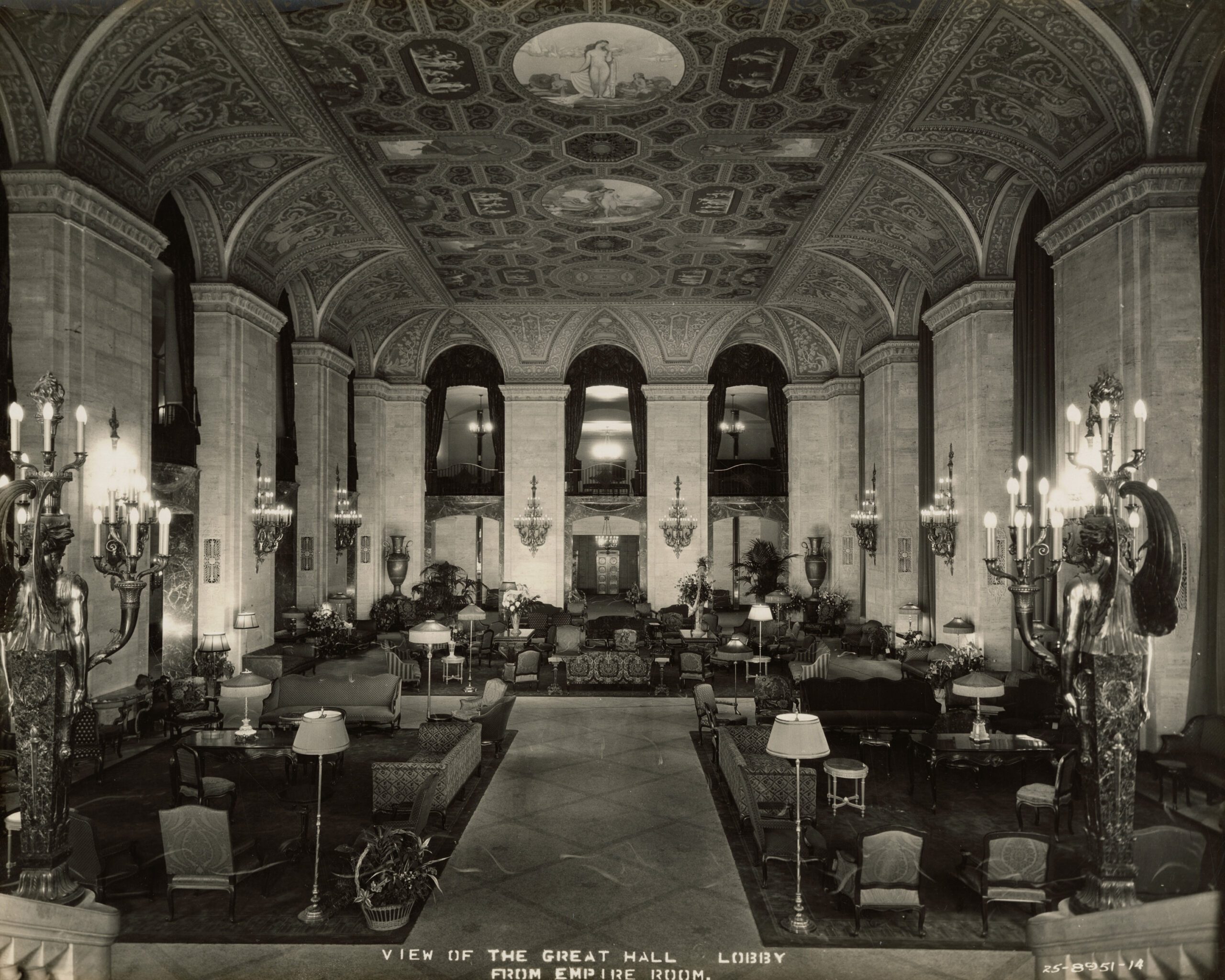 View of the Great Hall Lobby from the Empire Room at Palmer House; Chicago, Illinois; 1925