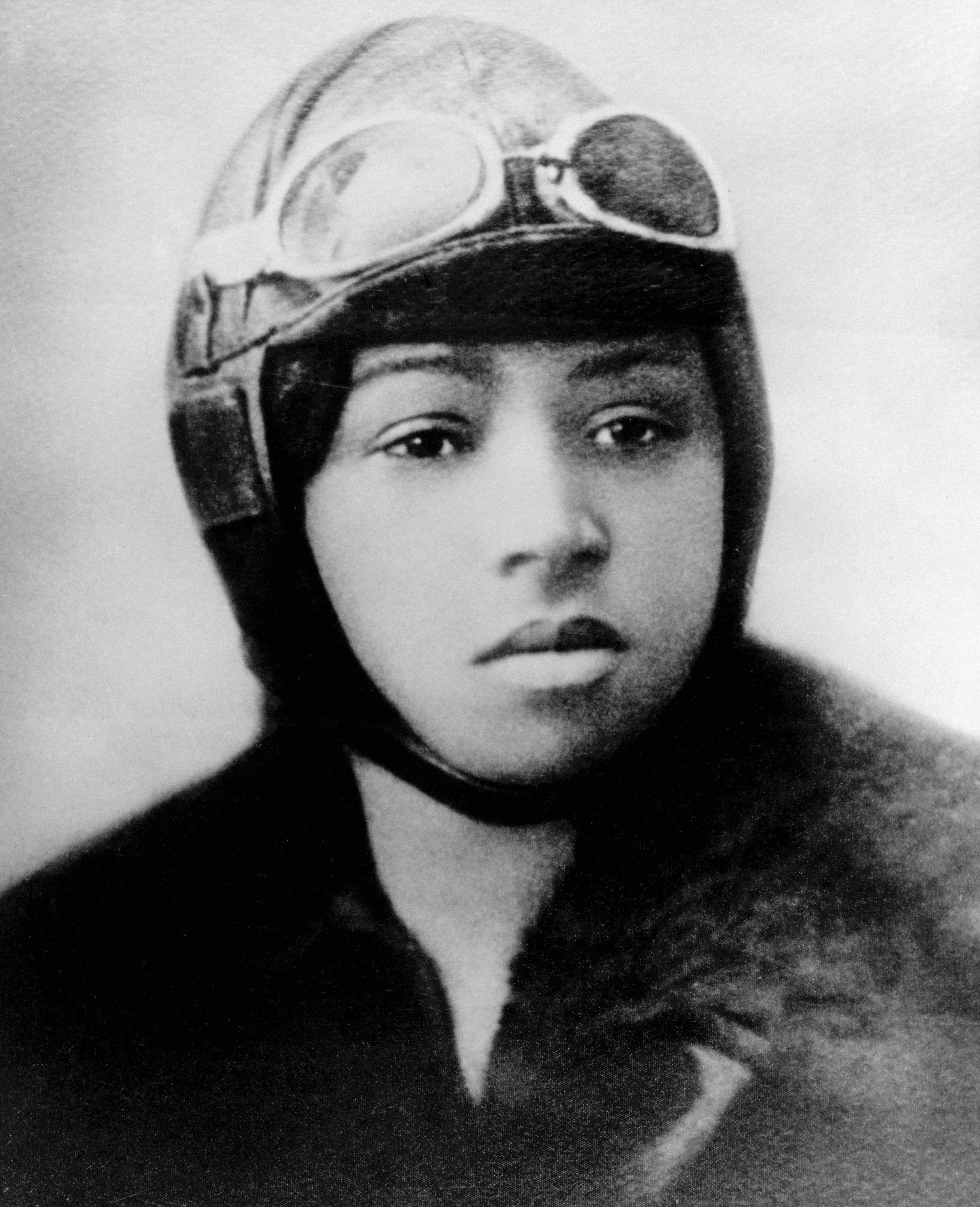 Headshot of Bessie Coleman in aviator helmet, c. 1921. CHM, ICHi-026774