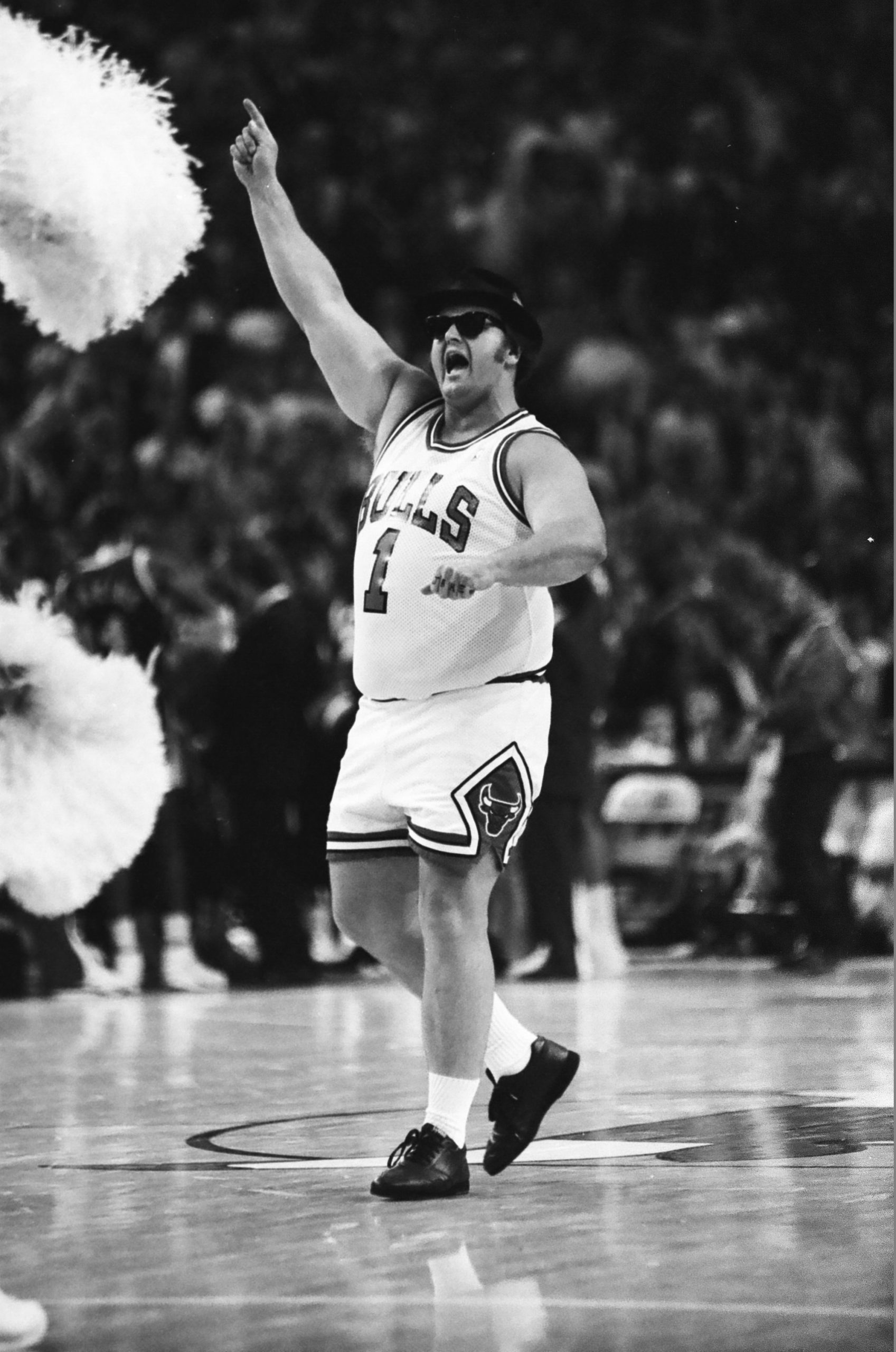 Blues Brother in a Bulls uniform entertains the crowd during a timeout