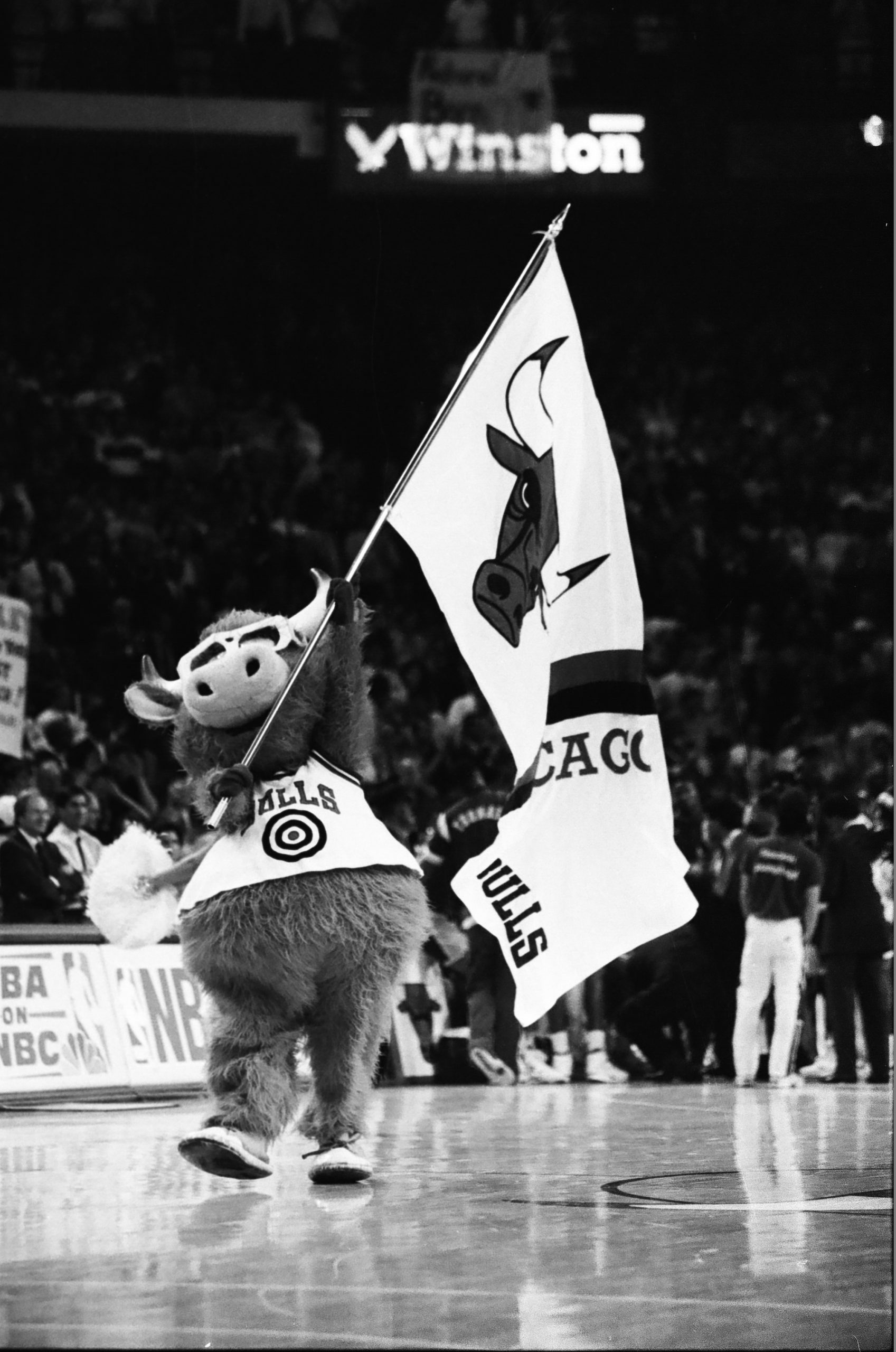 Bulls mascot waves a Bulls flag on the court during a timeout