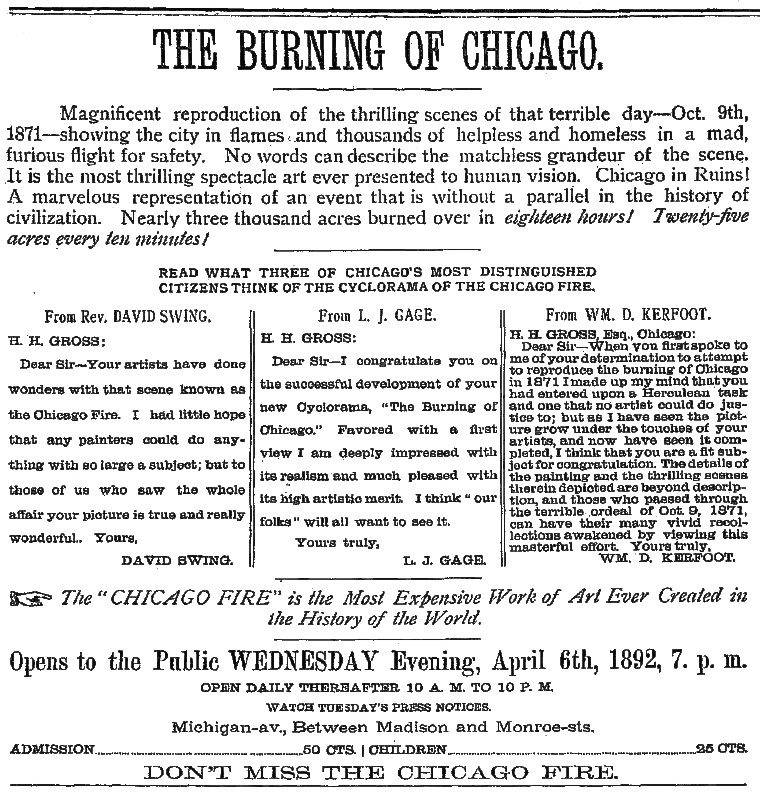 Newspaper advertisement for Chicago Fire Cyclorama from 1892