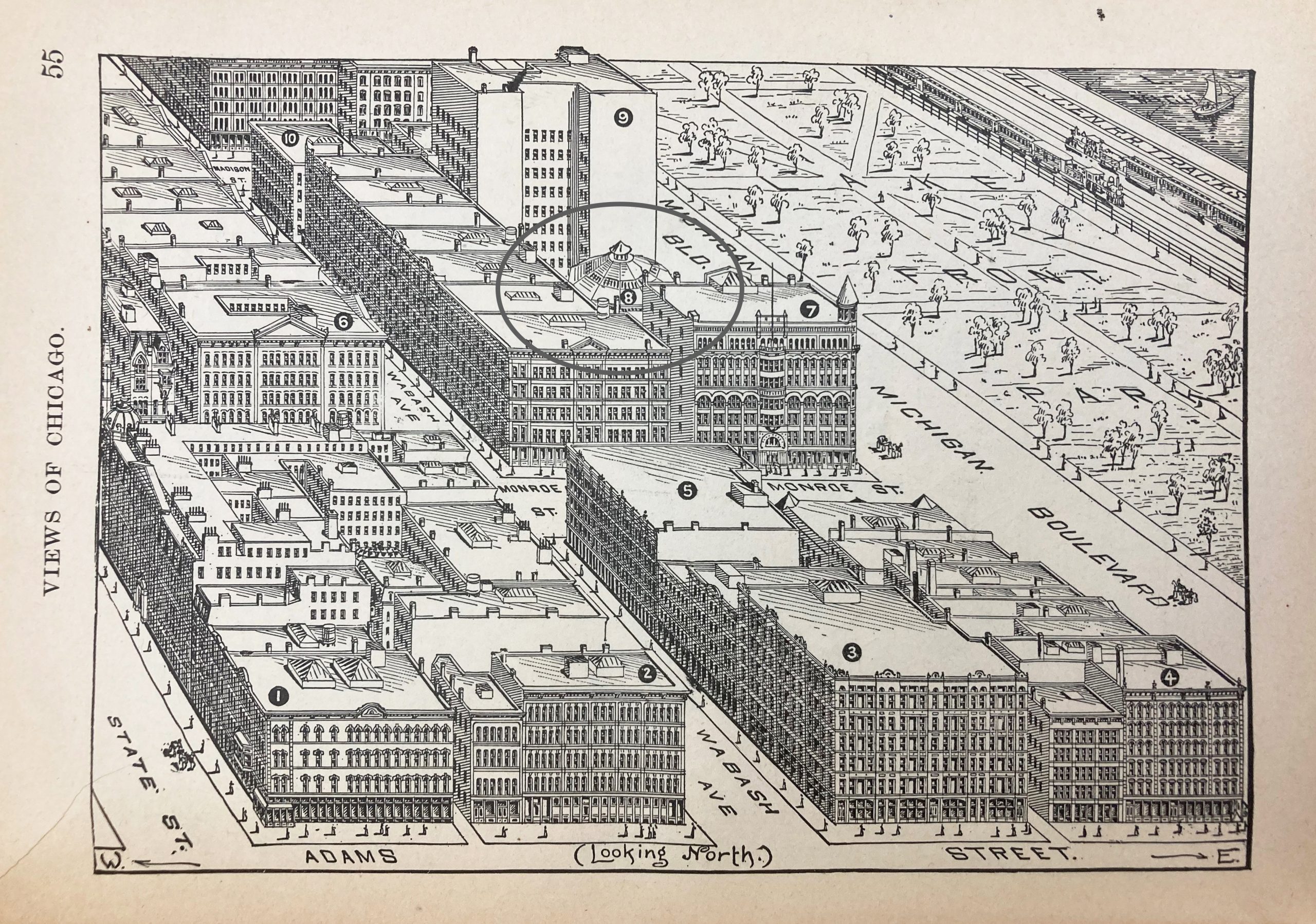 Illustration of aerial view of Chicago at intersection of Adams Street and Michigan