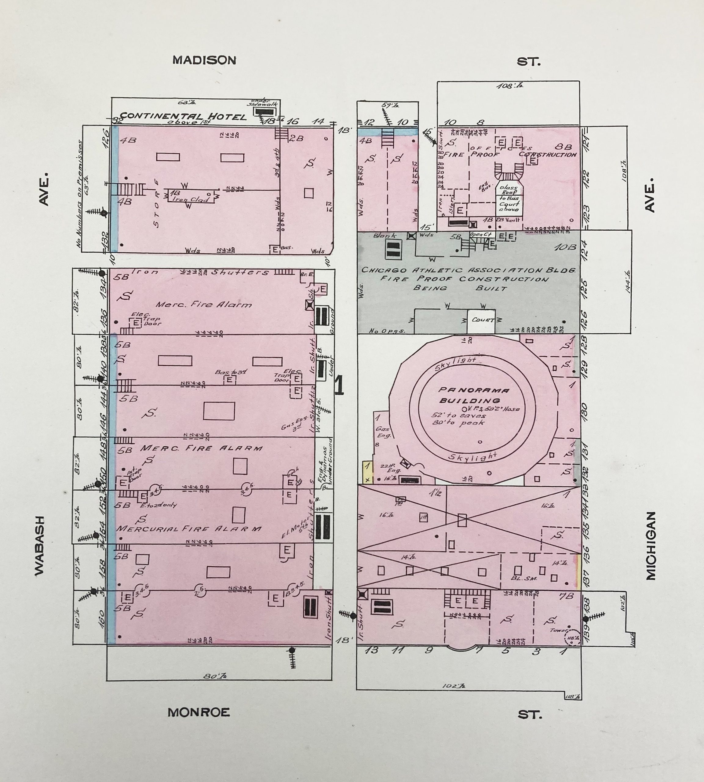Fire insurance block map from 1893 that shows site of the Fire Cyclorama building, listed as Panorama Building