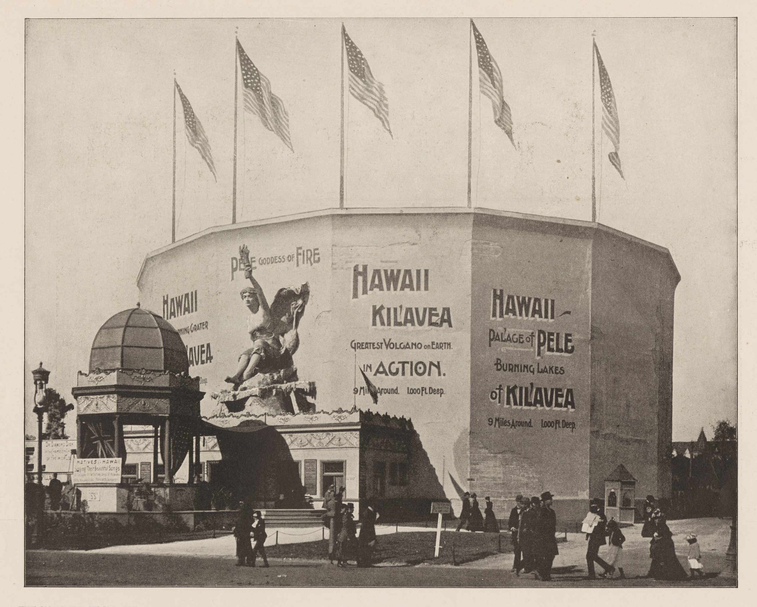 Black and white photograph showing exterior view of the building for the cyclorama of the Hawaiian volcano of Kilauea