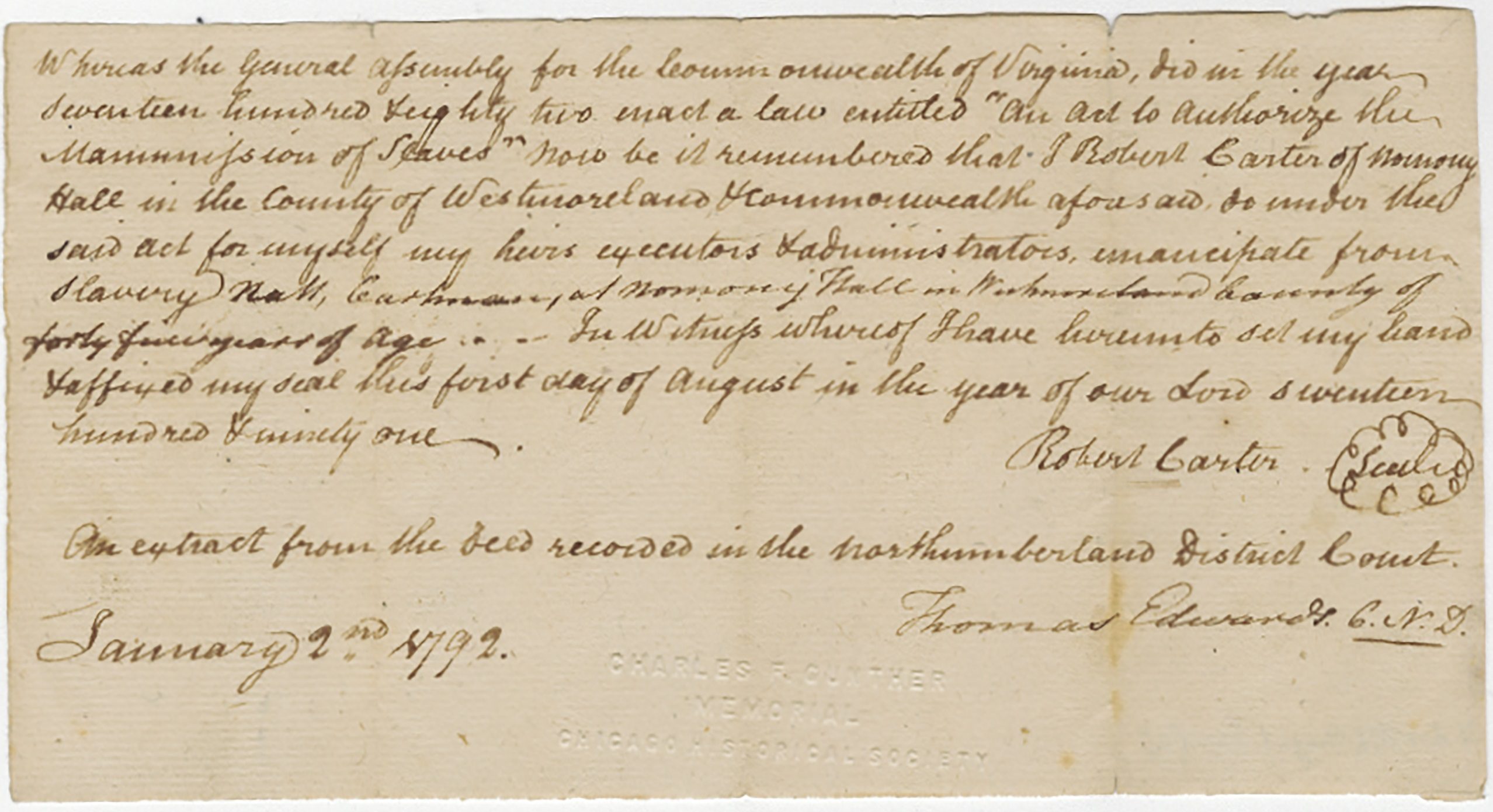 View of a letter written by Robert Carter regarding the manumission of several enslaved people he owned, including Daniel Wilson, Gabriel Johnson and Primus Johnson, January 2, 1792.