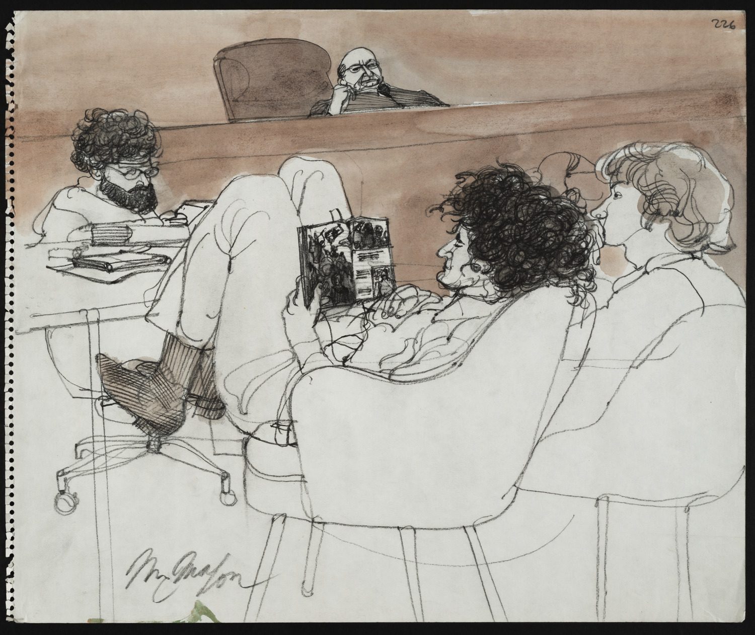 Courtroom illustration of Abbie Hoffman reading a magazine at the Chicago Seven (Chicago Eight) Trial.