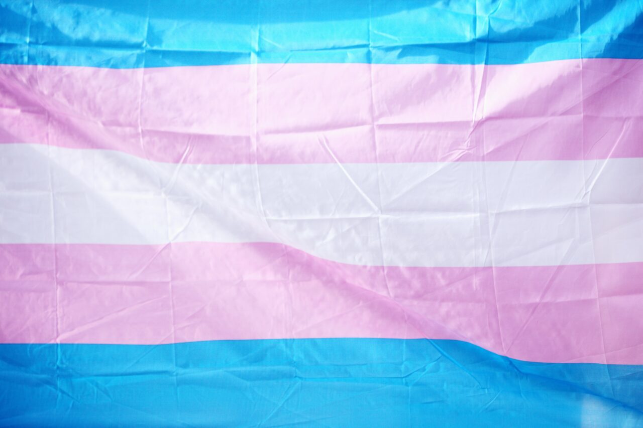 Transgender flag, with five stripes alternating blue, pink, white, pink, and blue.