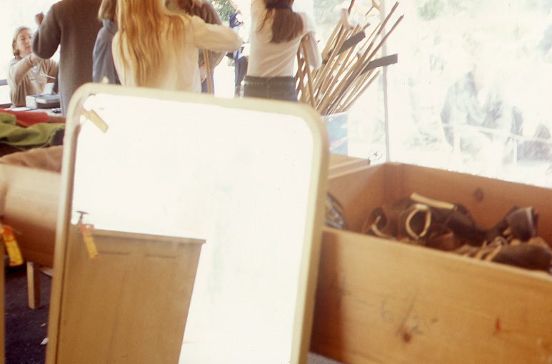 A mirror at a rummage sale at Kenilworth Union Church, Kenilworth, Illinois, circa 1974. [This reference image may be cropped or require color correction and/or reorientation to reflect the original image.]