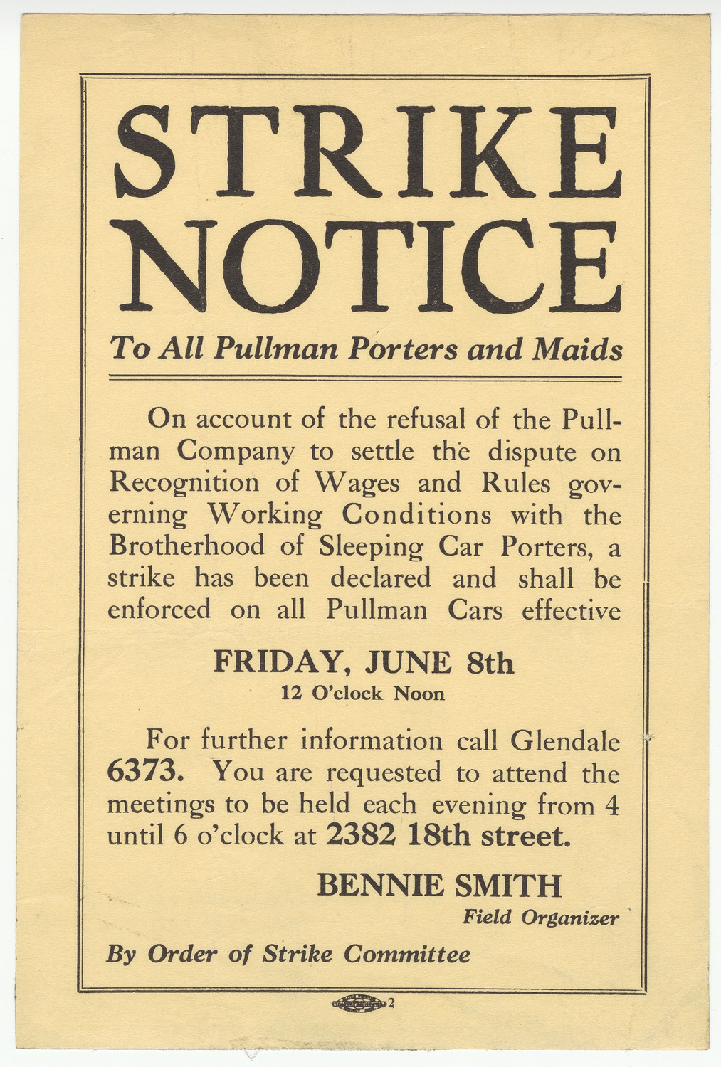 Flyer for strike notice addressed to all Pullman porters and maids