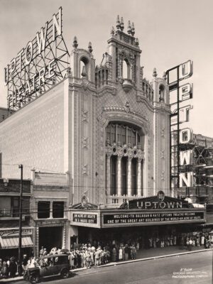 Uptown Theatre building, featuring its marquee and front doors
