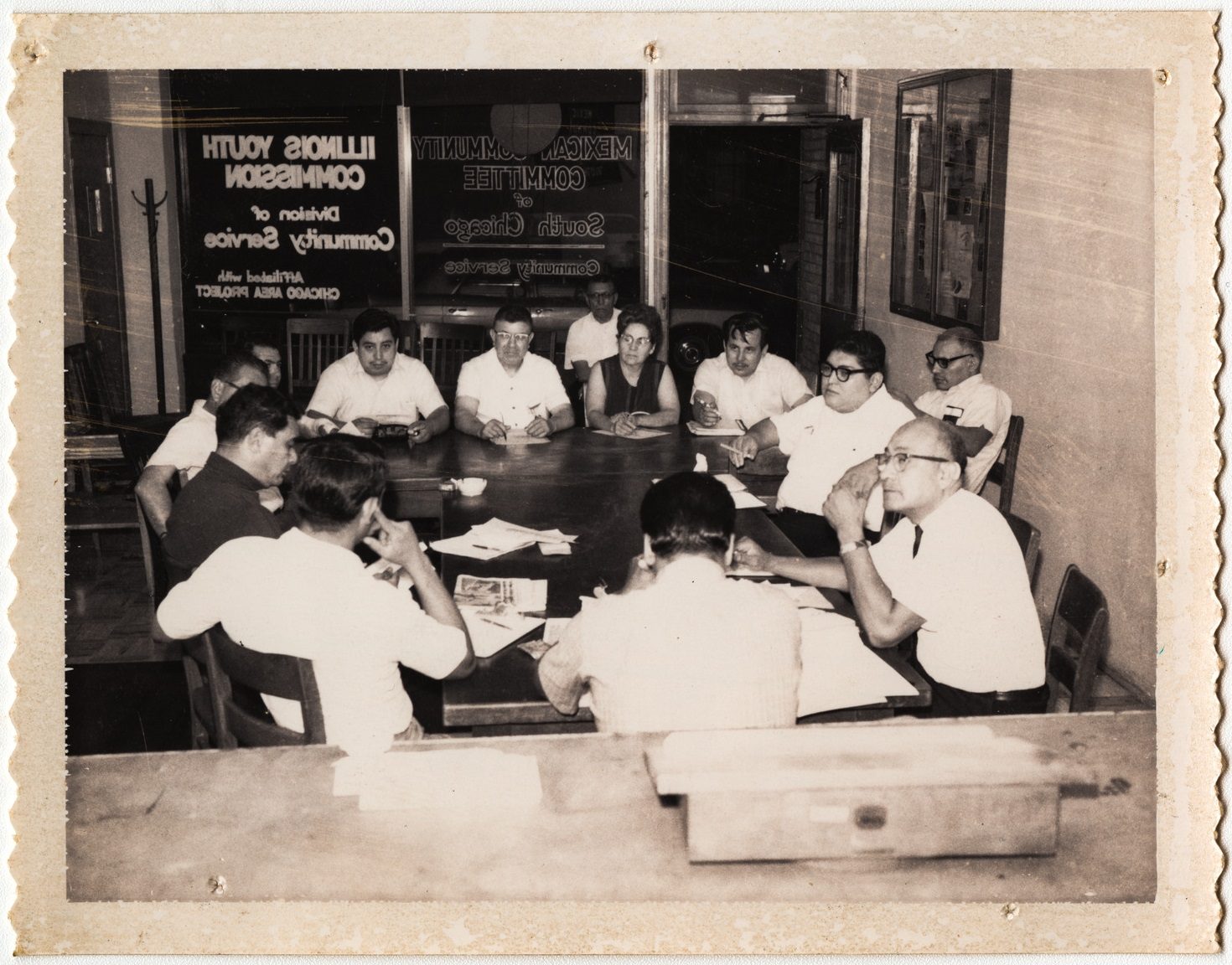 Members of the Mexican Community Committee of South Chicago meeting, Chicago, Illinois, circa 1960s-1970s