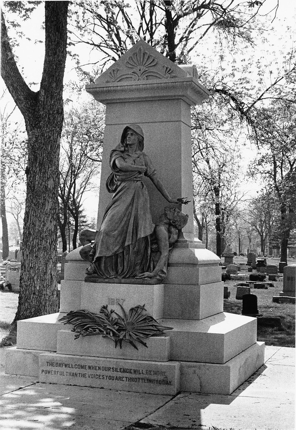 Front of Haymarket Monument at Waldheim Cemetary with statue and The day will come… quote