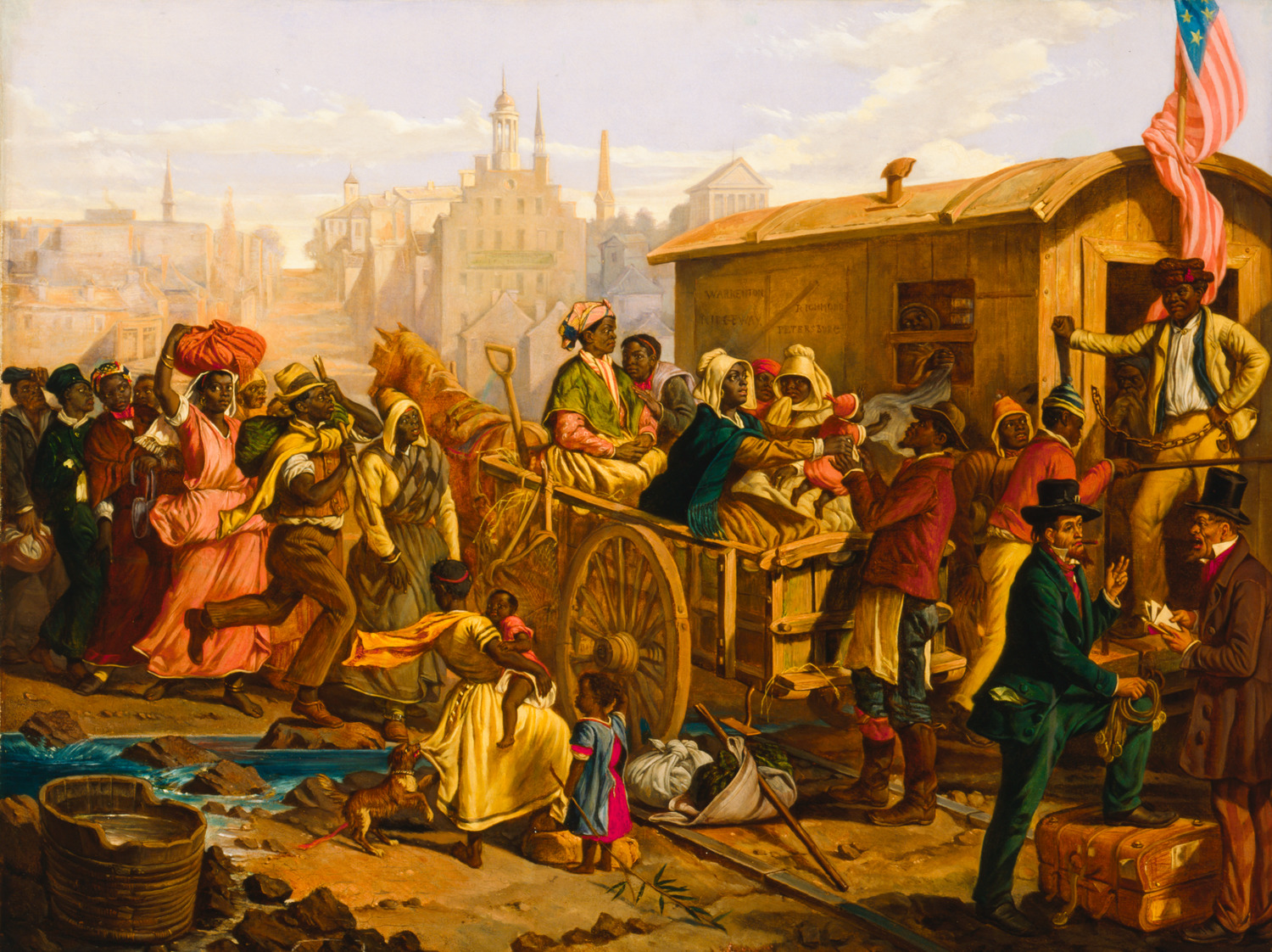 After the Sale: Slaves Going South from Richmond, oil painting by Eyre Crowe depicting crowded street scene on 8th Street, Richmond Virginia, 1853. ICHi-066786