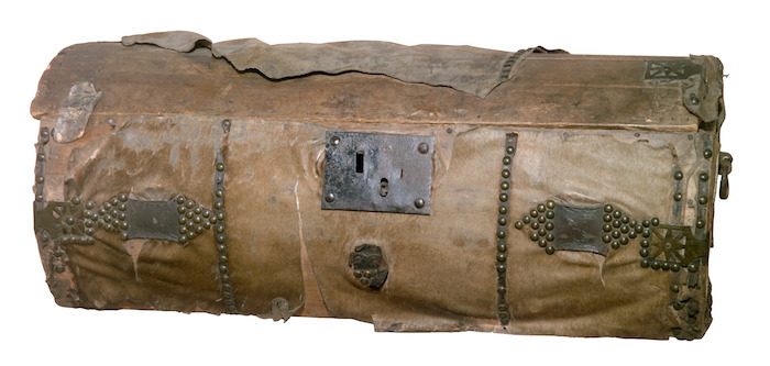 Wood trunk covered with hide. Brought to Chicago by Rebekah Wells Heald in 1811.