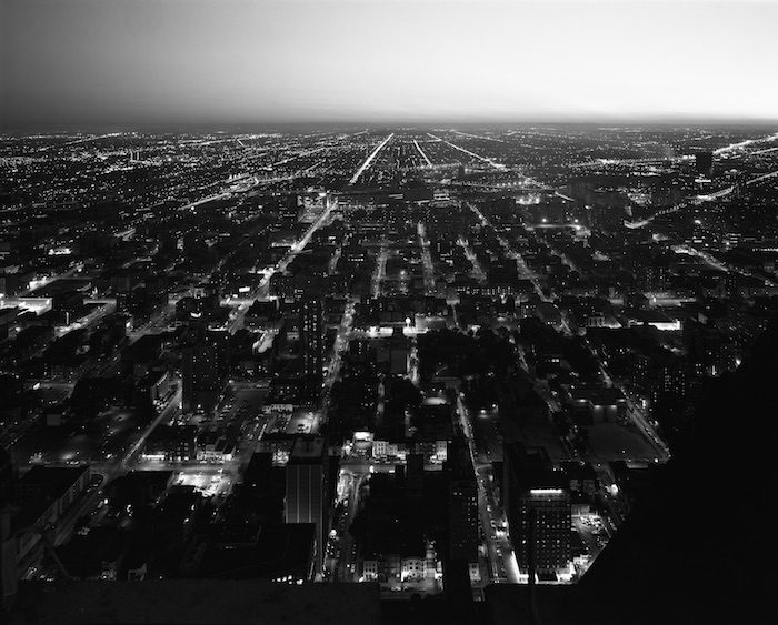 Bird’s-eye view of the Chicago grid at night
