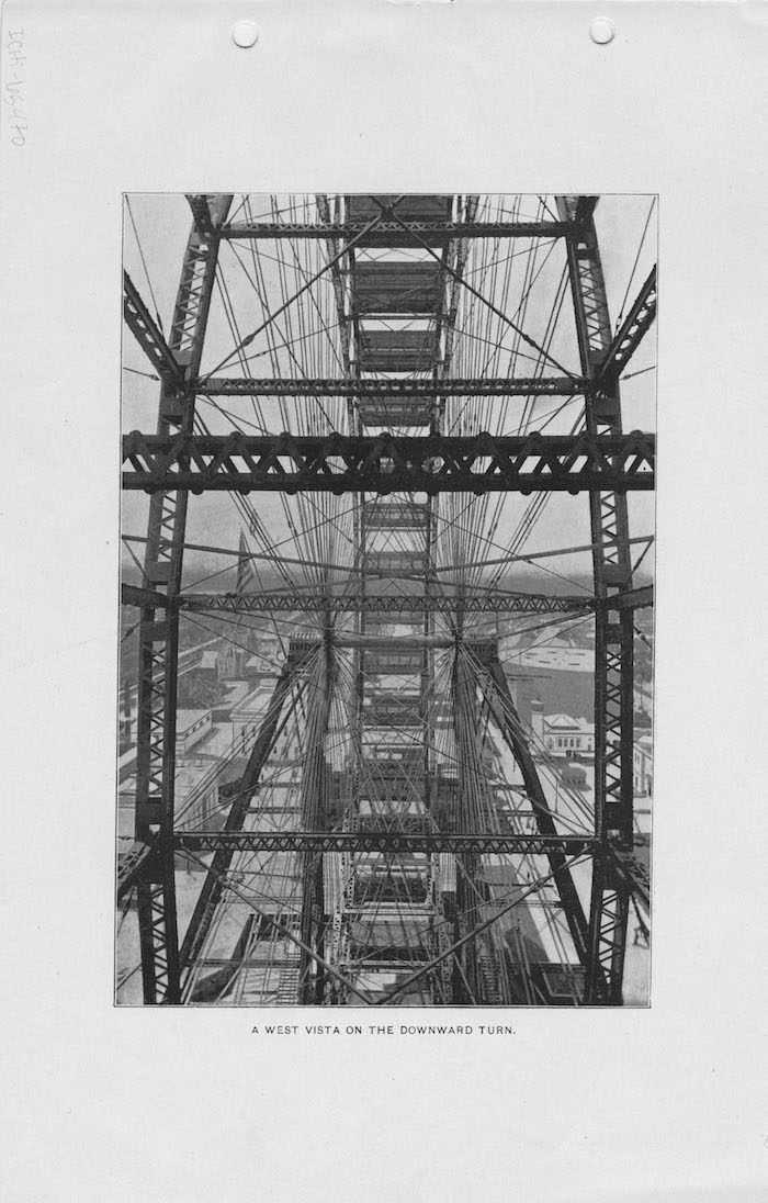 View from the Ferris Wheel at the World’s Columbian Exposition. Caption: A west vista on the downward turn. From the booklet Souvenir of a Ride on the Ferris Wheel at the World’s Fair, page 12.