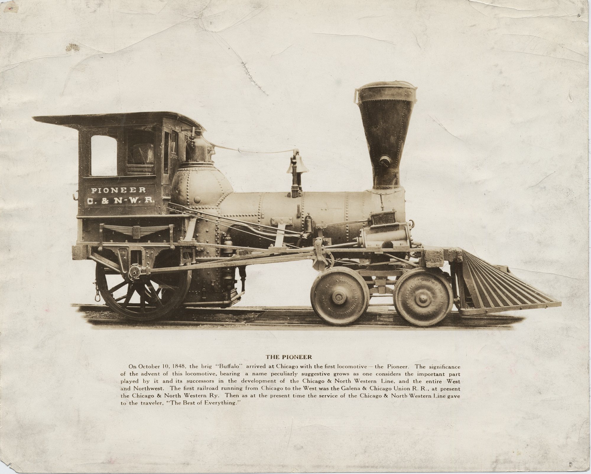 The Pioneer locomotive, the first locomotive, arrived in Chicago in 1848.