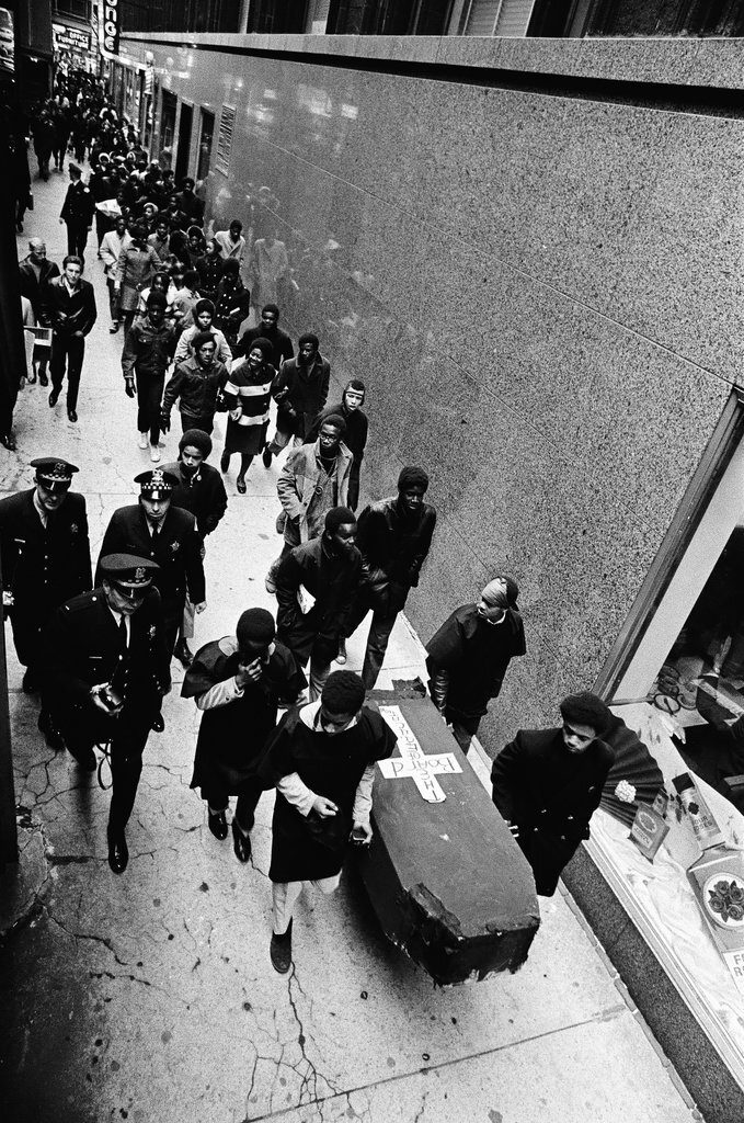 Black students stage mock funeral for the Board of Education during high school boycott, at the Civic Center Plaza, 50 West Washington Street, Chicago, Illinois.