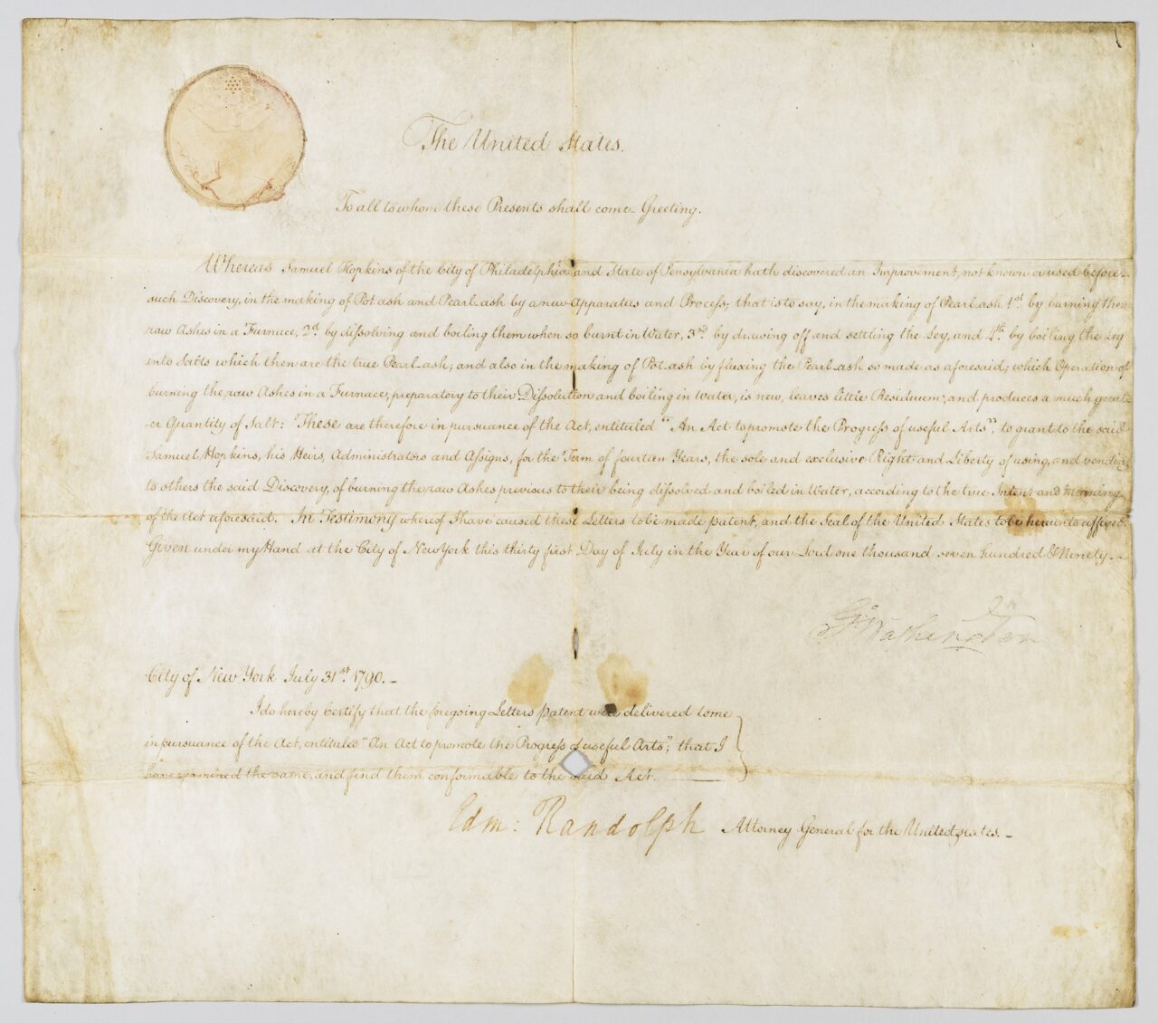 First United States patent certificate
